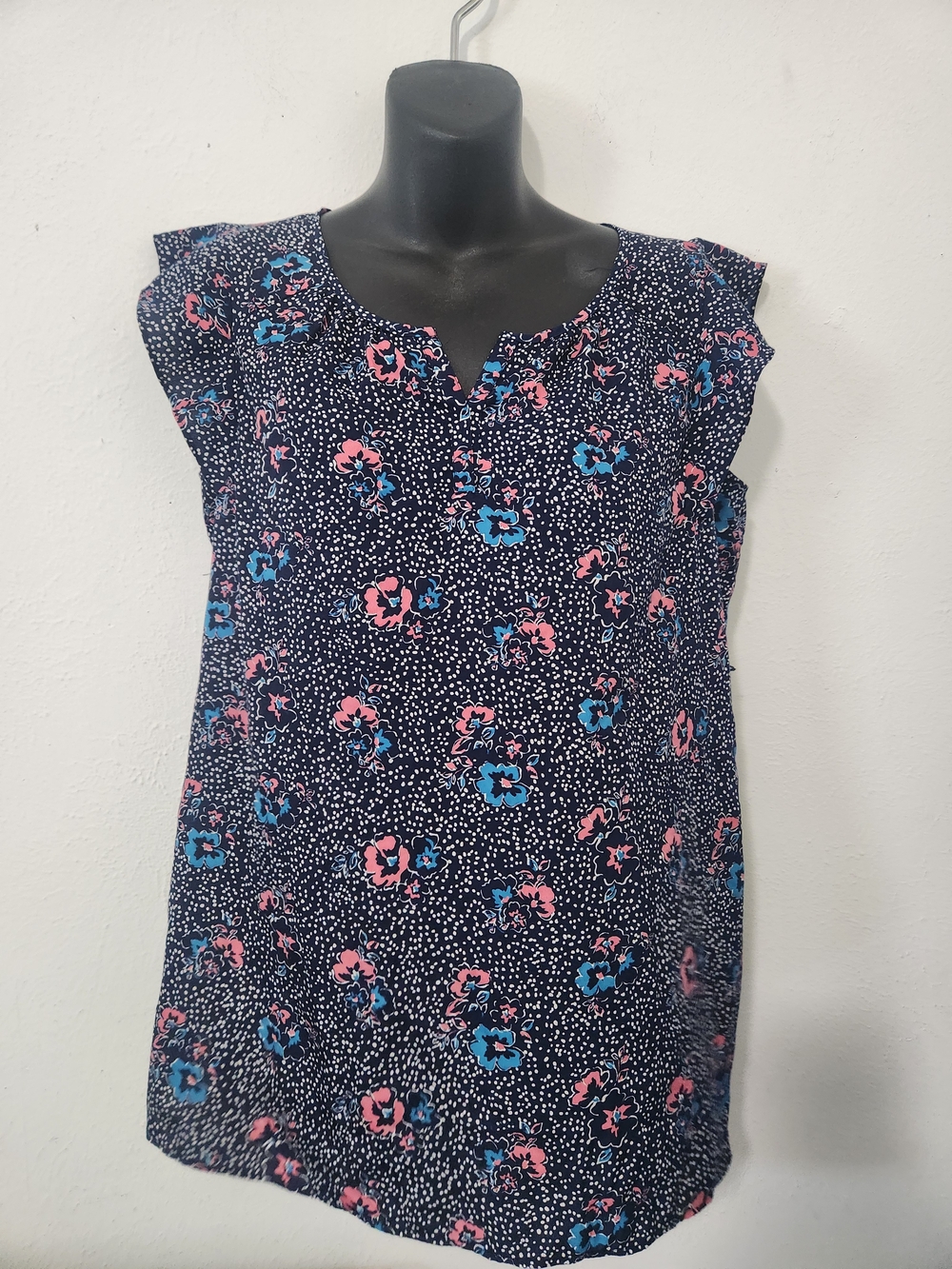 Motherhood Maternity Navy Floral V-Neck Blouse with Pink & Teal Blooms